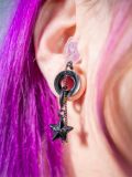 Black Hearrings Earplug Earrings being worn, showing how they fit securely in the ear for rave and EDM event attendees